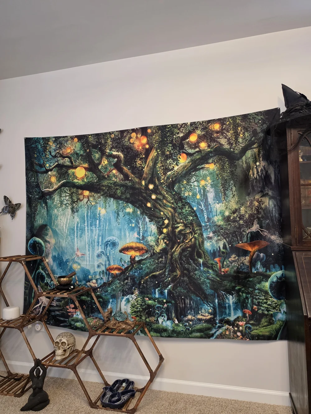 Mystical Forest Tree Tapestry Wall Hanging in Teal and Green